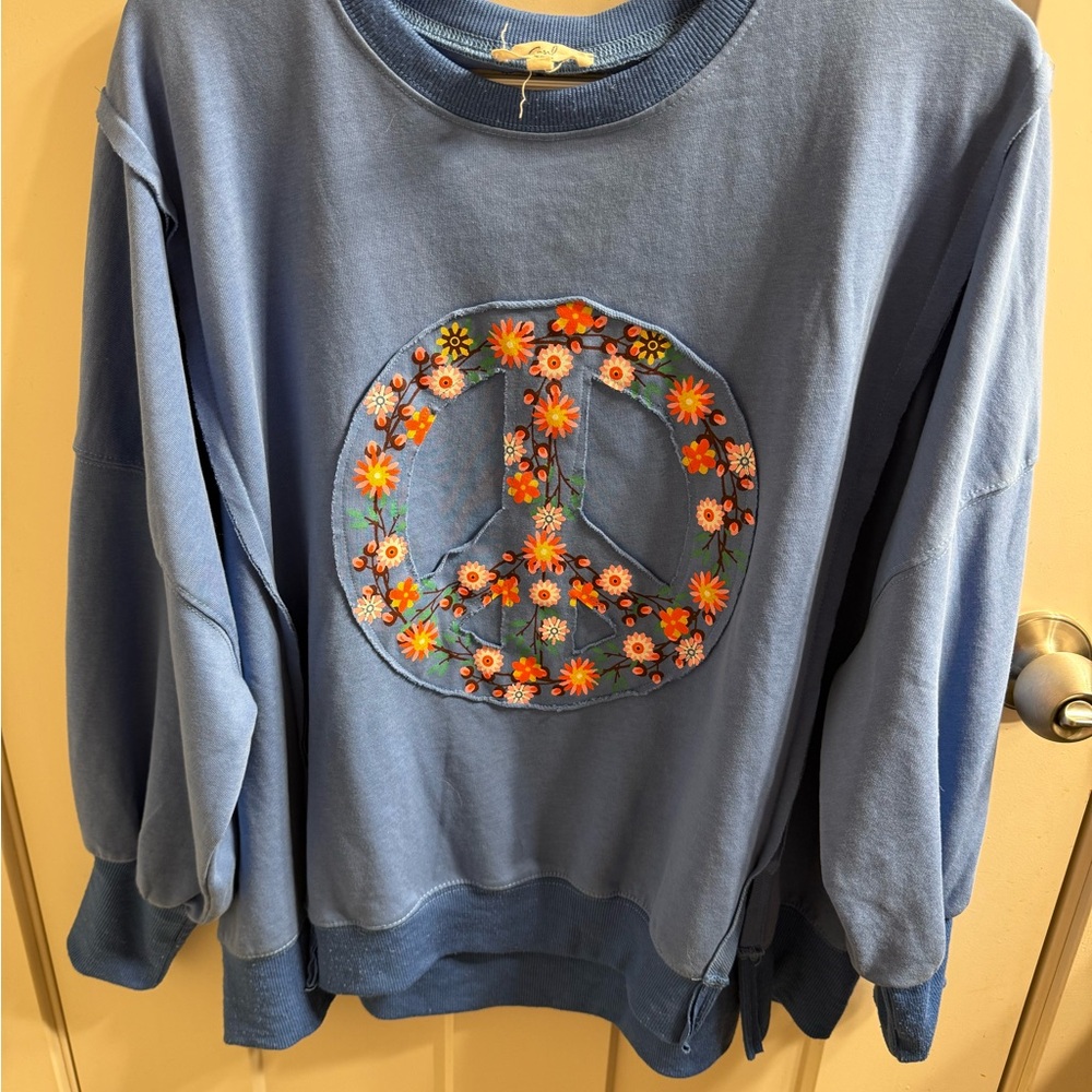 Easel Blue Top with Vibrant Floral Peace Sign Design - Picture 3 of 12